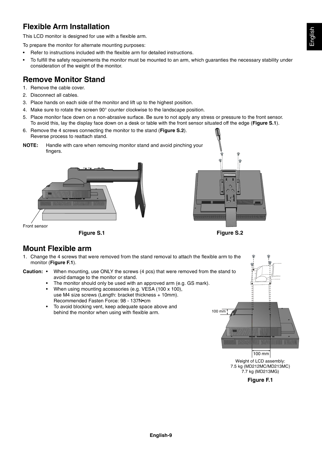 NEC MD213MC manual Flexible Arm Installation, Remove Monitor Stand, Mount Flexible arm, English-9 