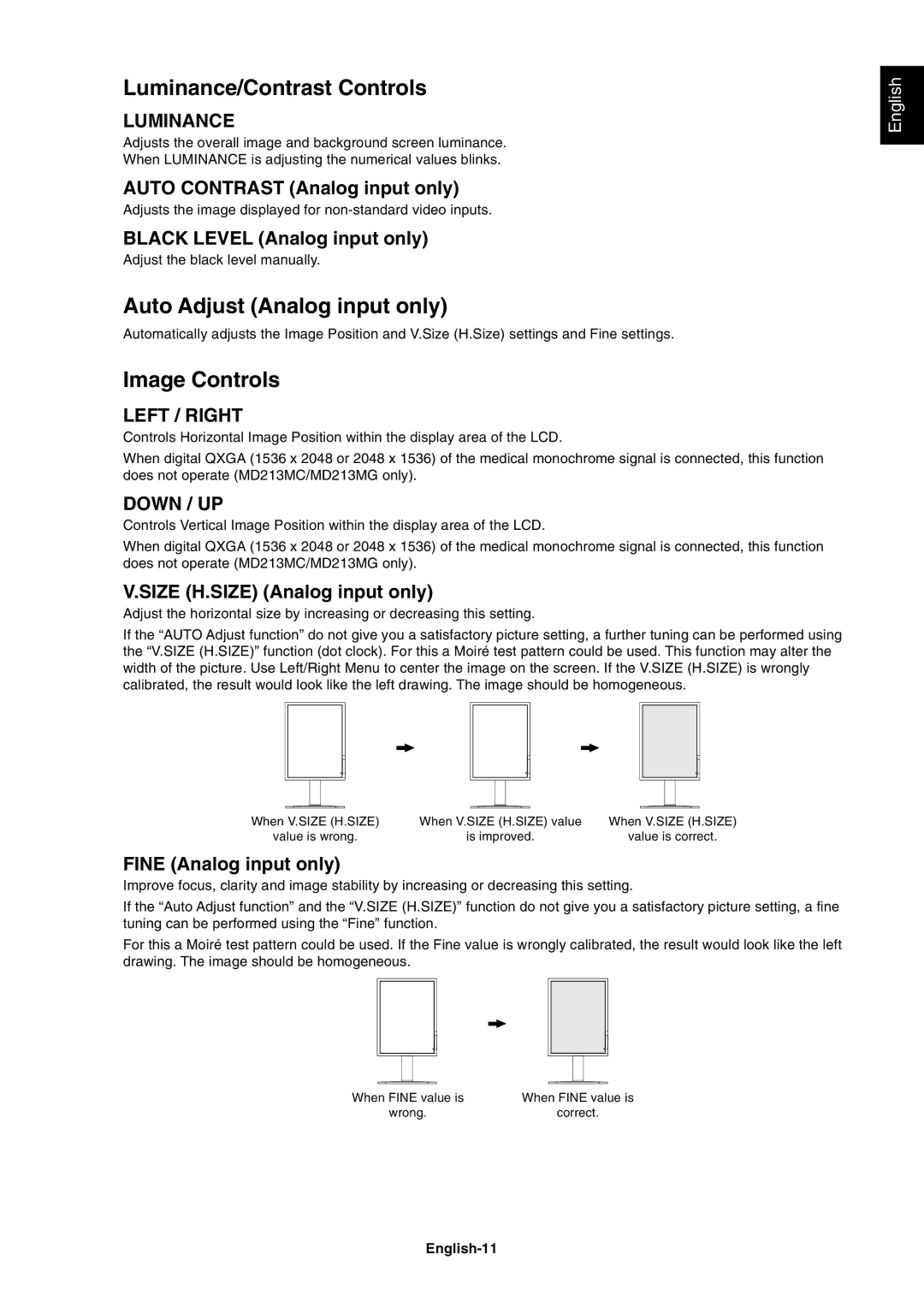 NEC MD213MC manual Luminance/Contrast Controls, Auto Adjust Analog input only, Image Controls, English-11 