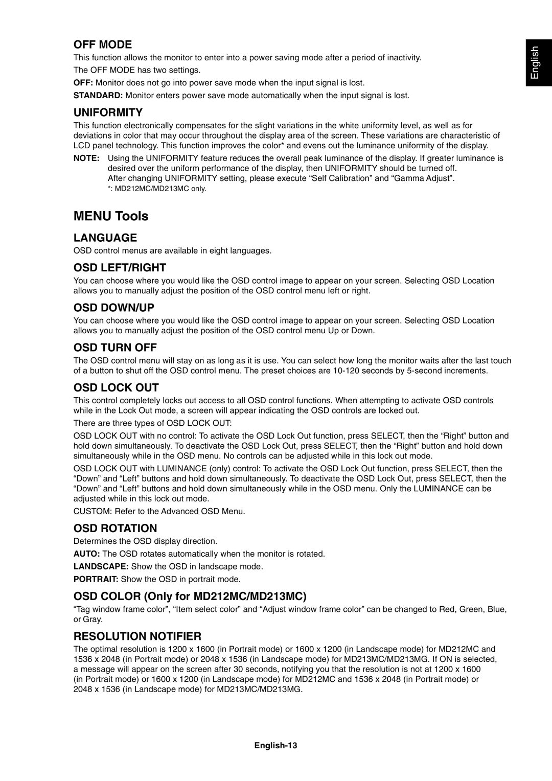 NEC MD213MC manual Menu Tools, English-13 