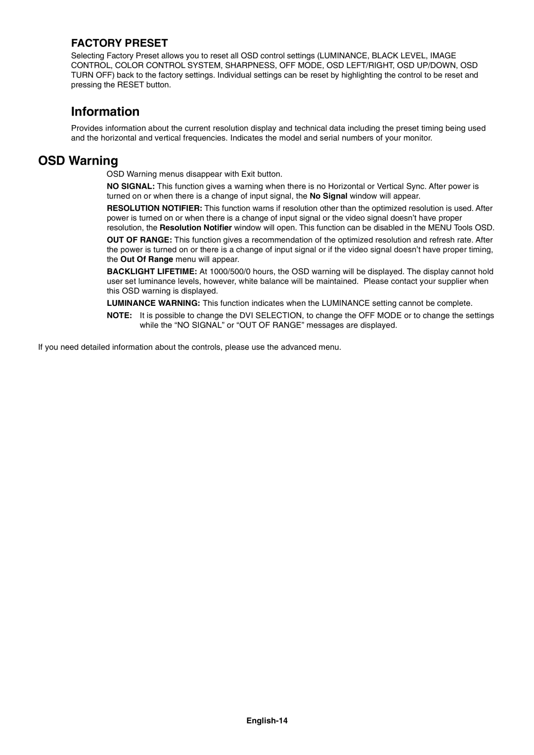 NEC MD213MC manual Information, OSD Warning, English-14 