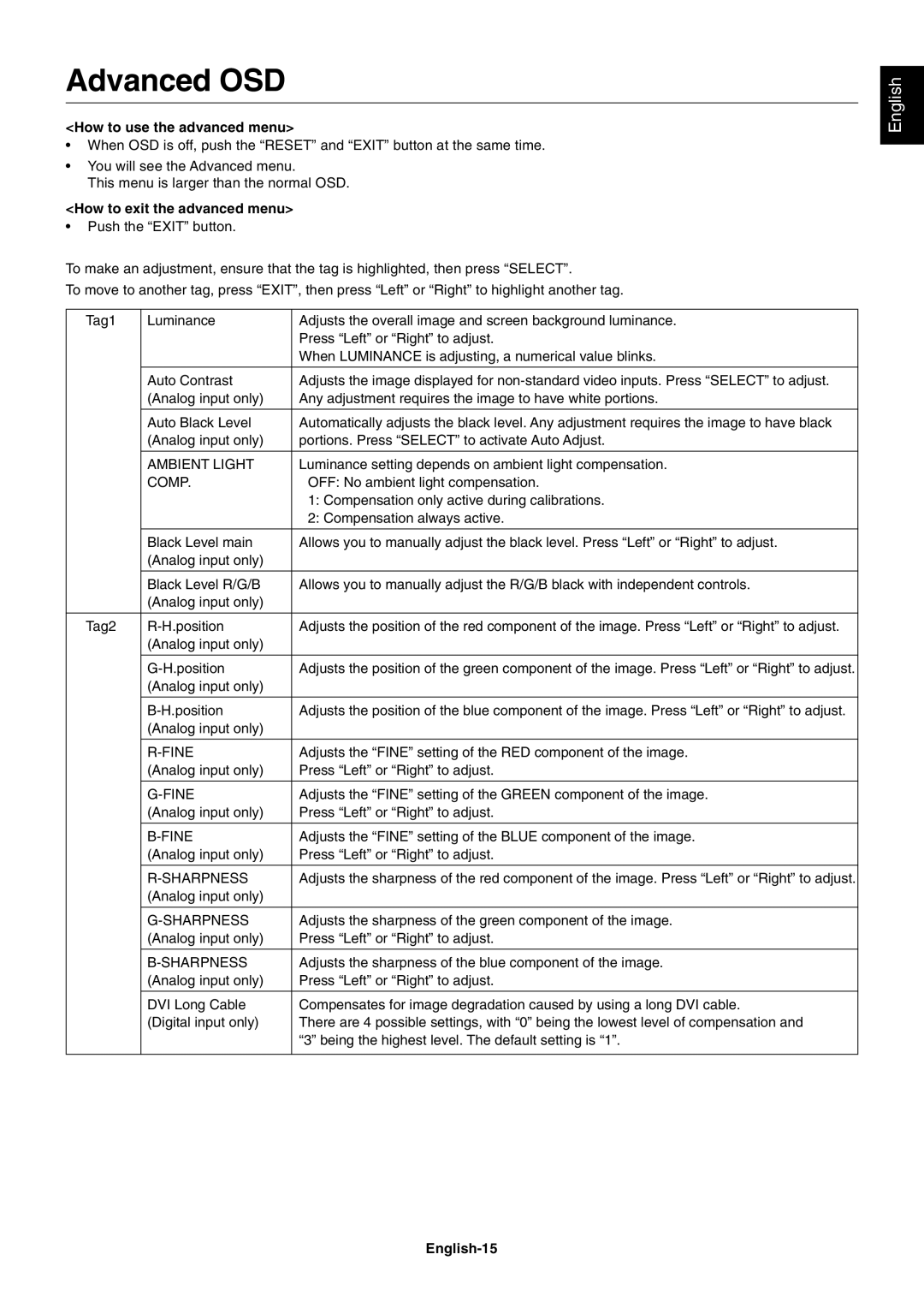 NEC MD213MC manual Advanced OSD, How to use the advanced menu, How to exit the advanced menu, English-15 