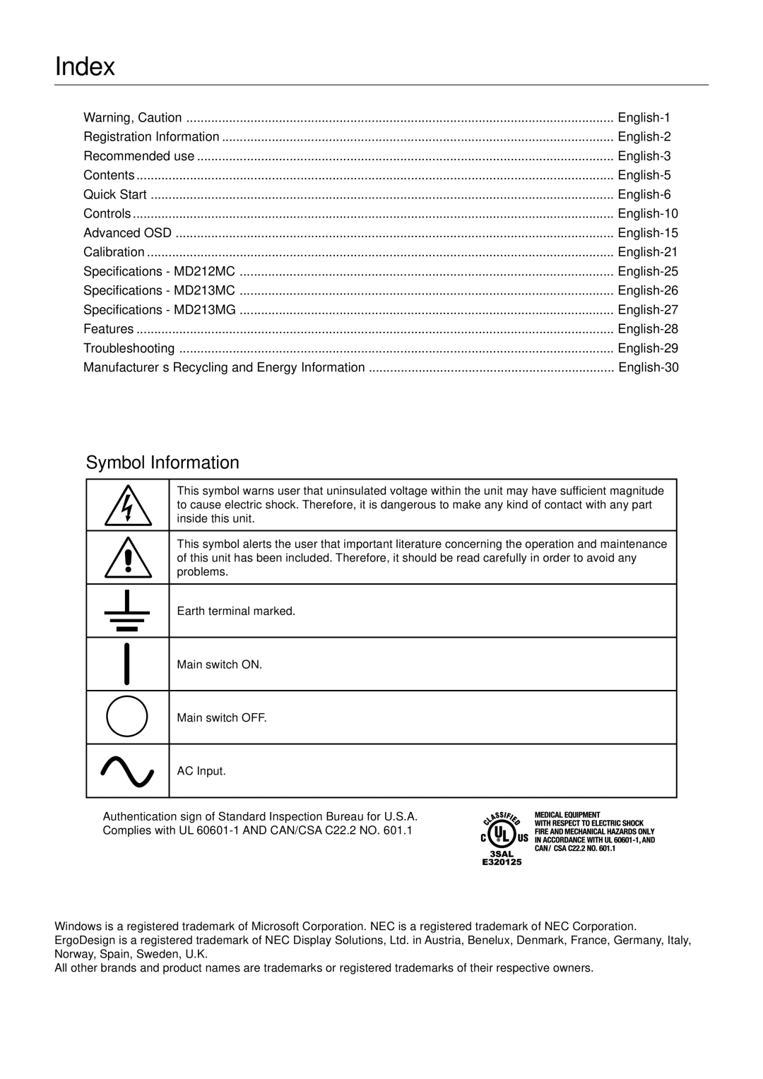 NEC MD213MC manual Index, Symbol Information 