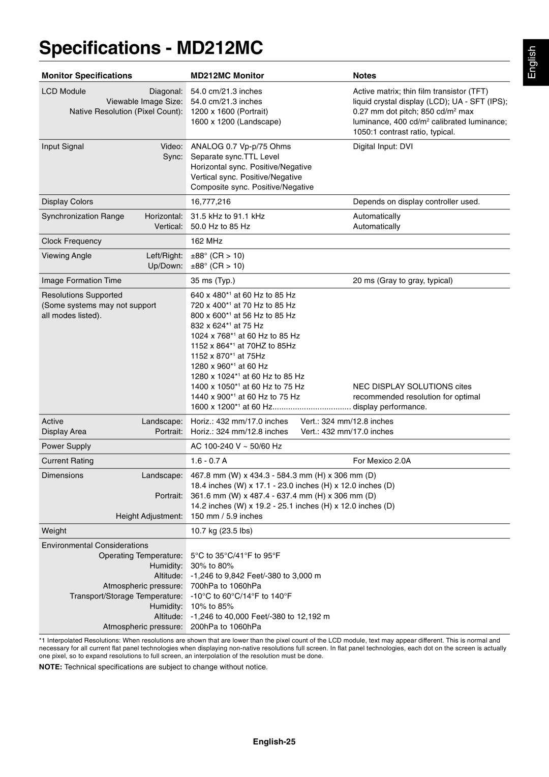 NEC MD213MC manual Monitor Specifications MD212MC Monitor, English-25 