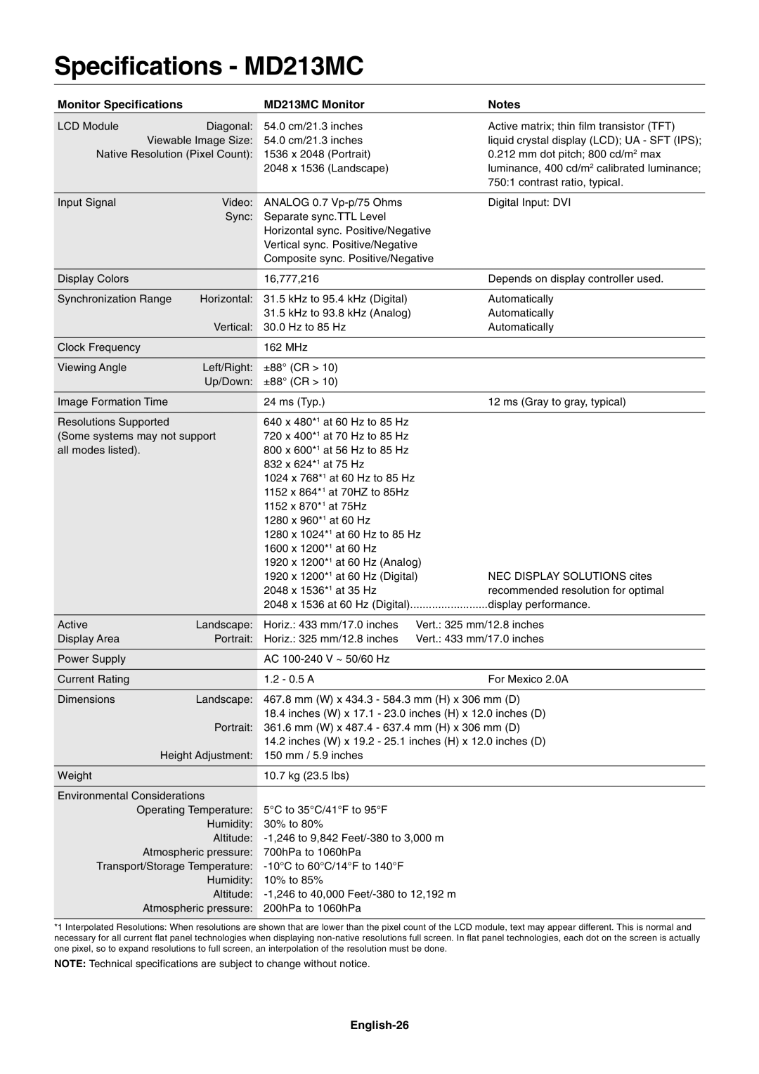 NEC manual Monitor Specifications MD213MC Monitor, English-26 