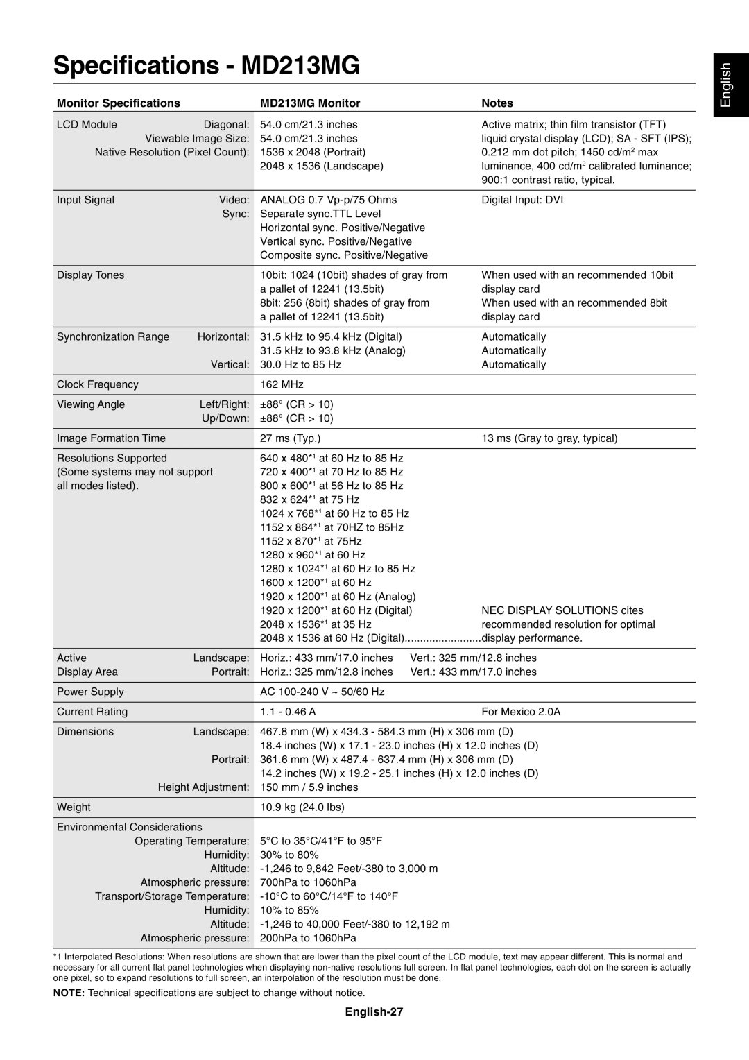 NEC MD213MC manual Monitor Specifications MD213MG Monitor, English-27 