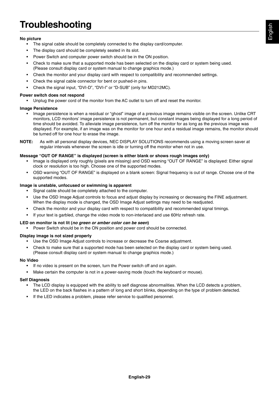 NEC MD213MC manual Troubleshooting 