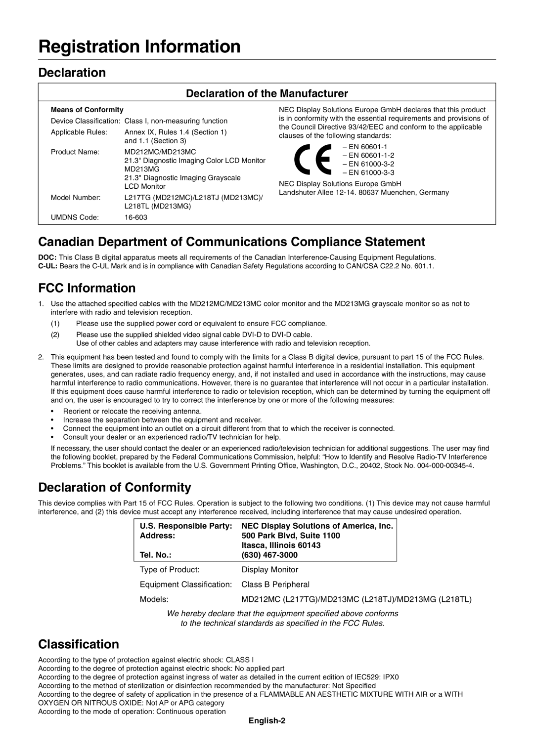 NEC MD213MC manual Registration Information 