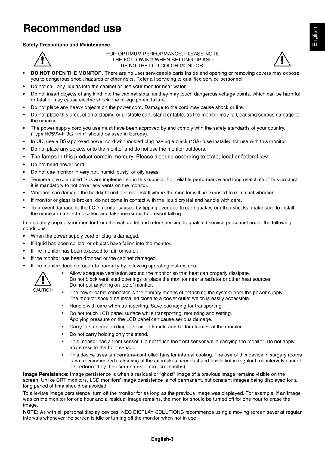 NEC MD213MC manual Recommended use, Safety Precautions and Maintenance, English-3 