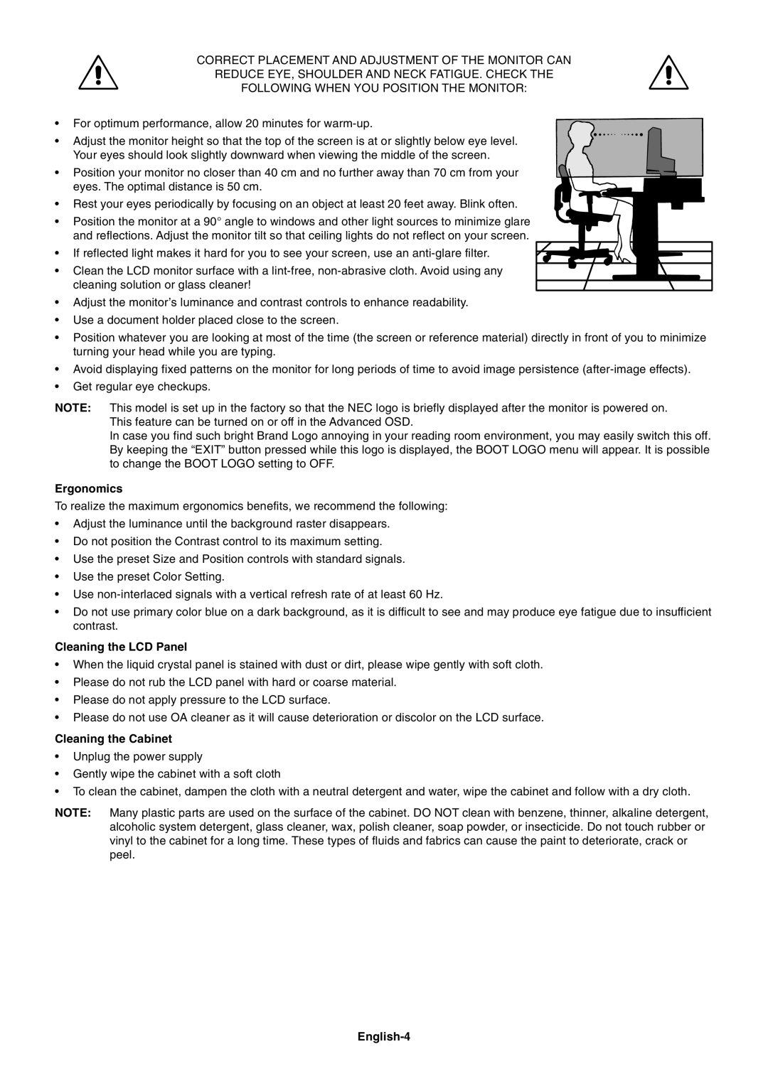 NEC MD213MC manual Ergonomics, Cleaning the LCD Panel, Cleaning the Cabinet, English-4 