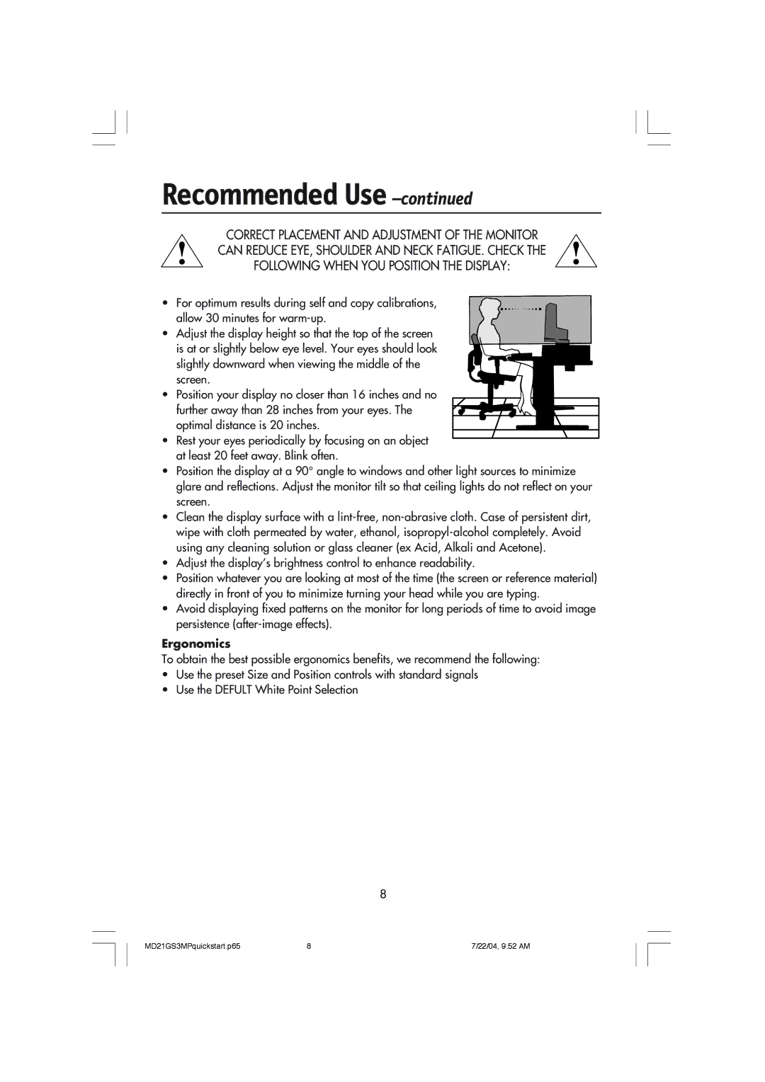 NEC MD21GS-3MP manual Ergonomics 