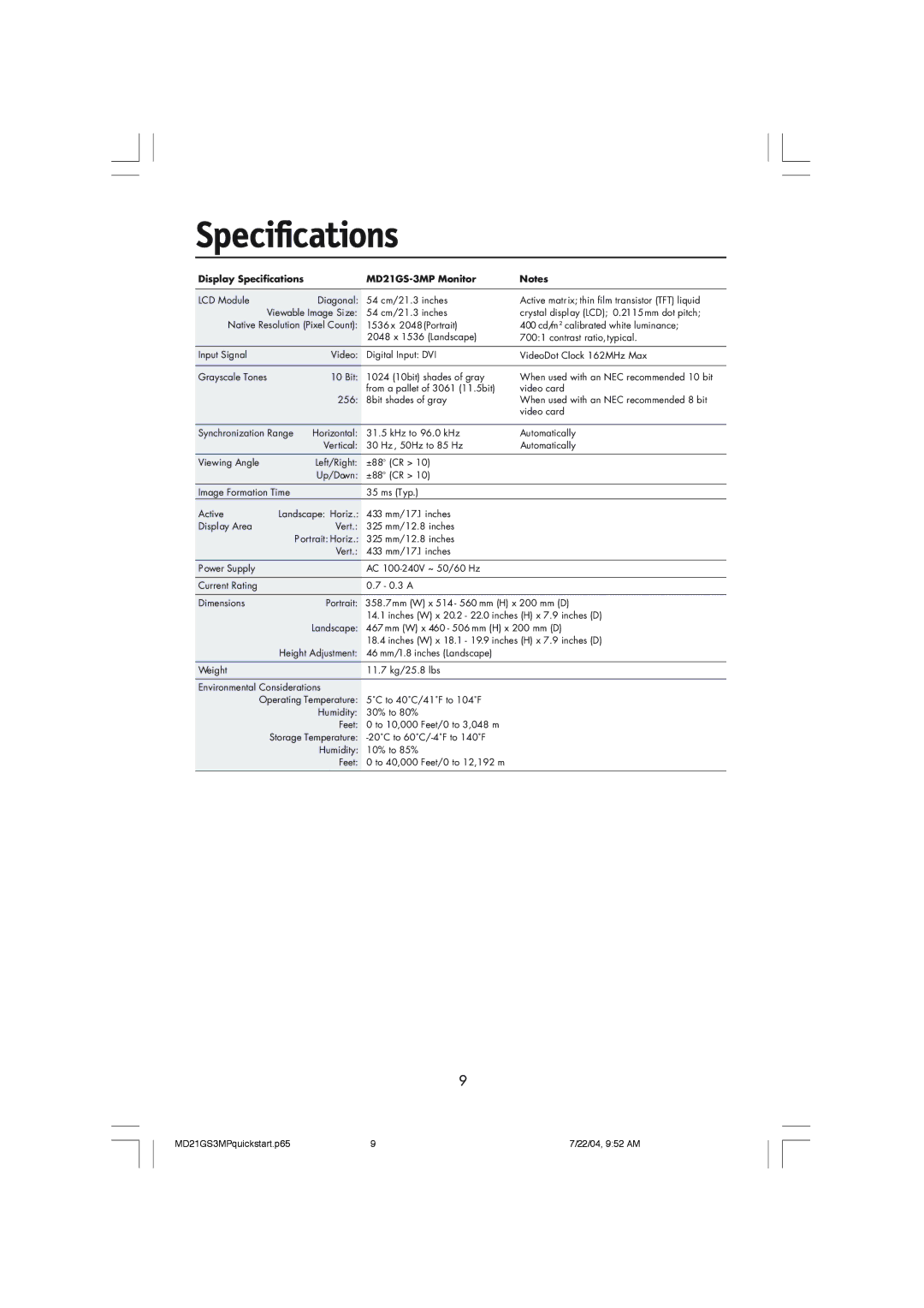 NEC manual Display Specifications MD21GS-3MP Monitor 