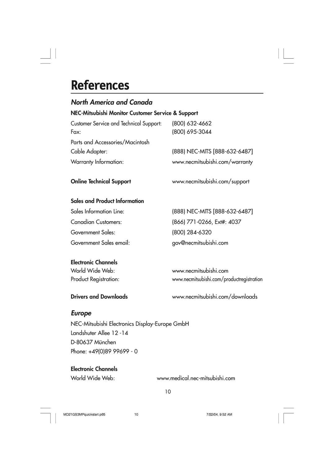 NEC MD21GS-3MP manual References, North America and Canada 