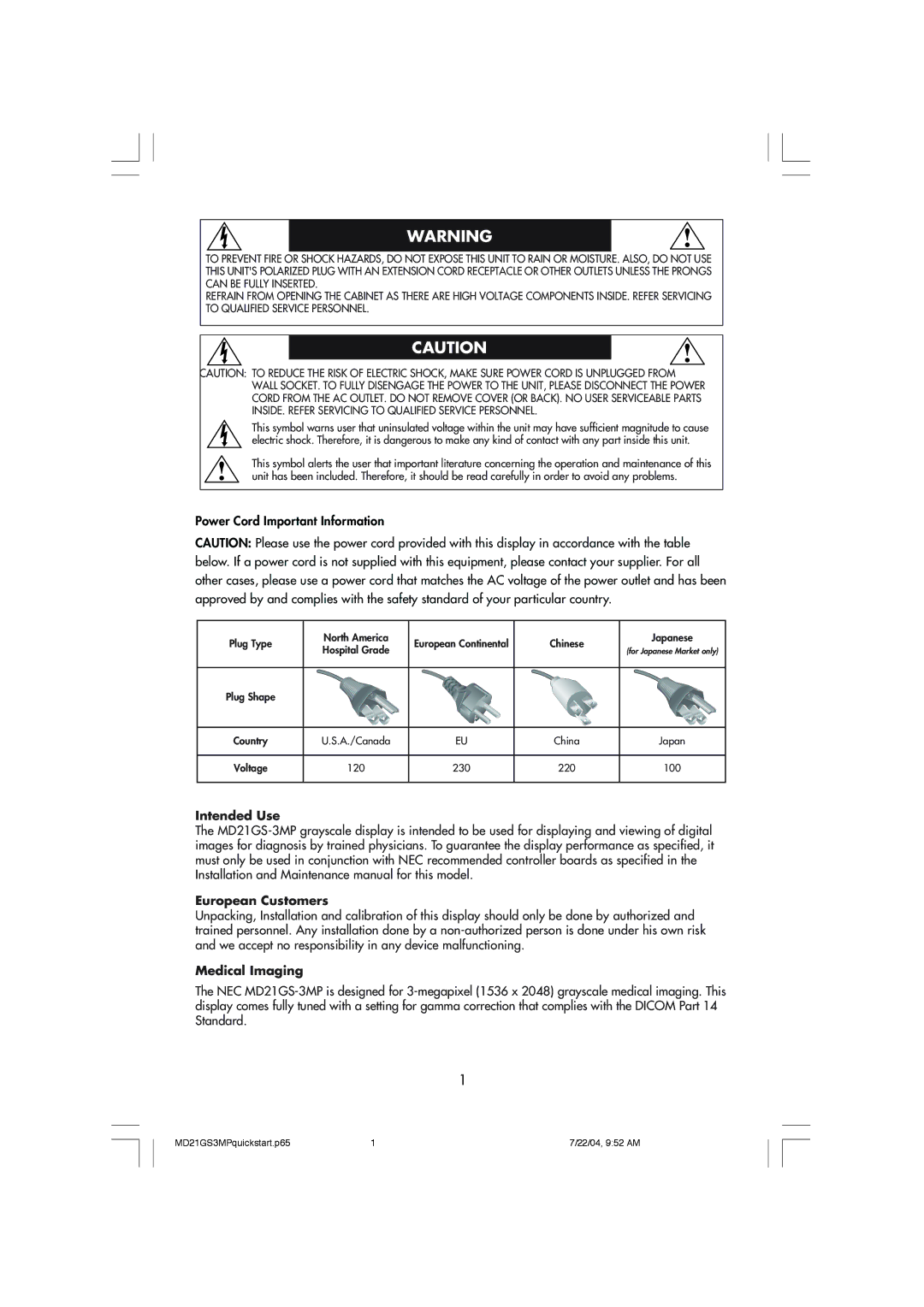 NEC MD21GS-3MP manual Intended Use, European Customers, Medical Imaging 