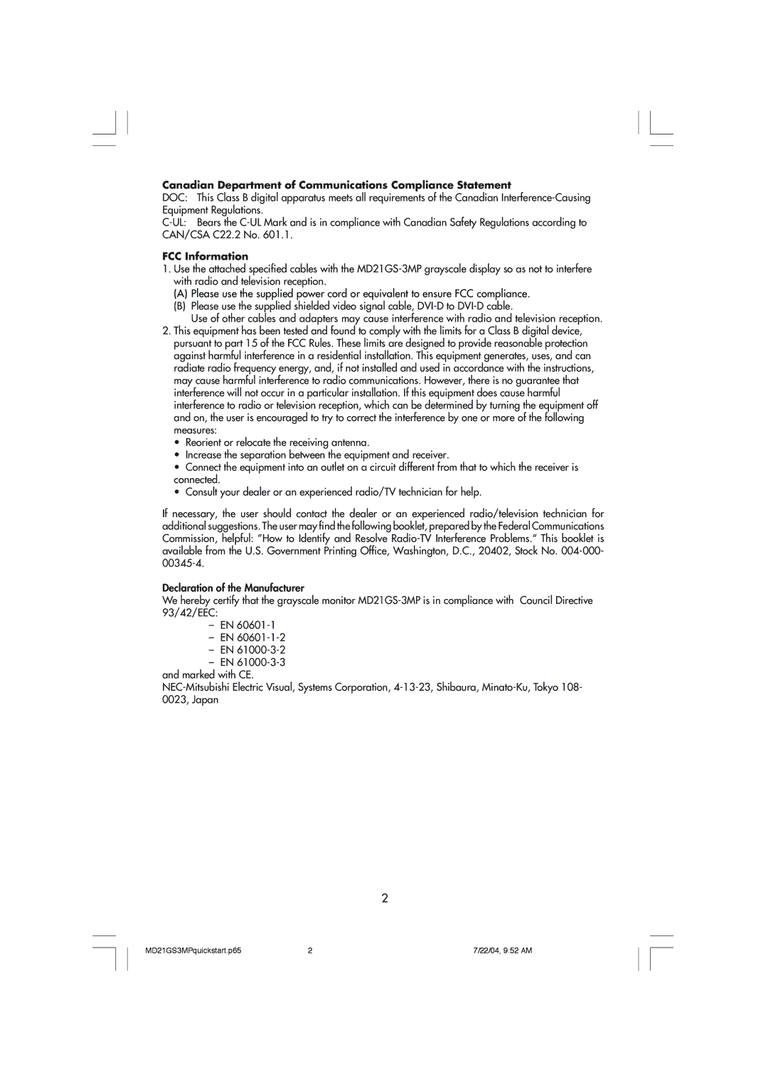 NEC MD21GS-3MP manual Canadian Department of Communications Compliance Statement, FCC Information 