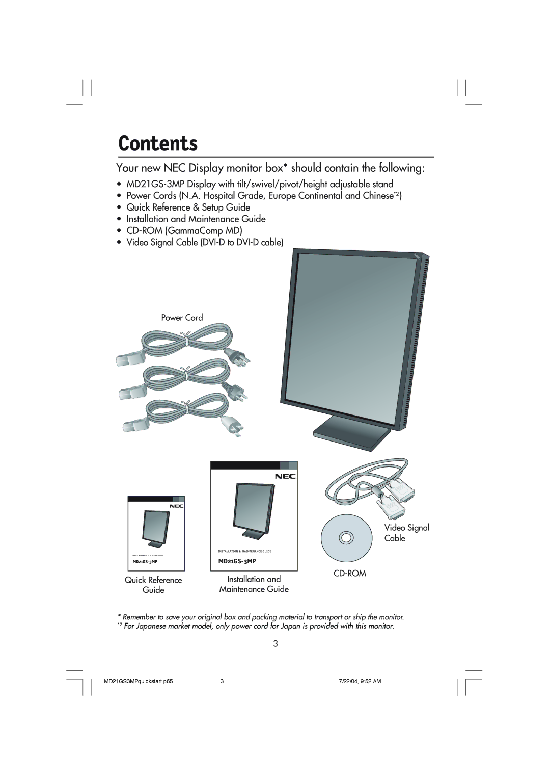 NEC MD21GS-3MP manual Contents 