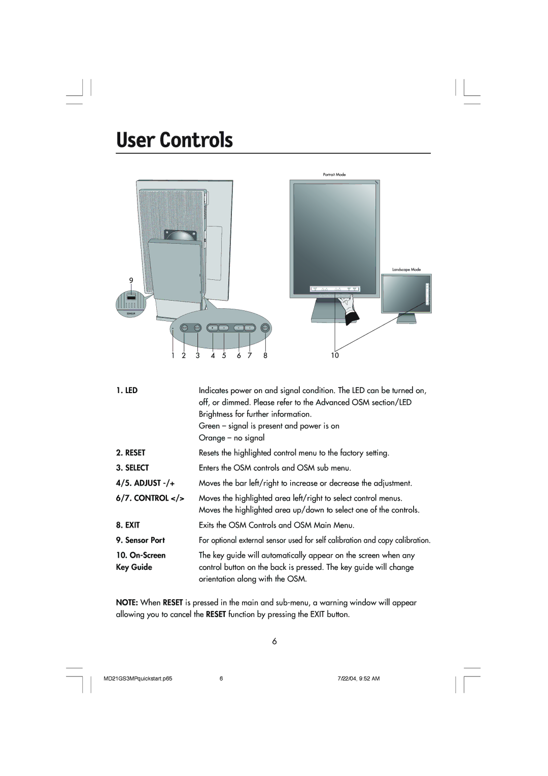 NEC MD21GS-3MP manual User Controls, Led 