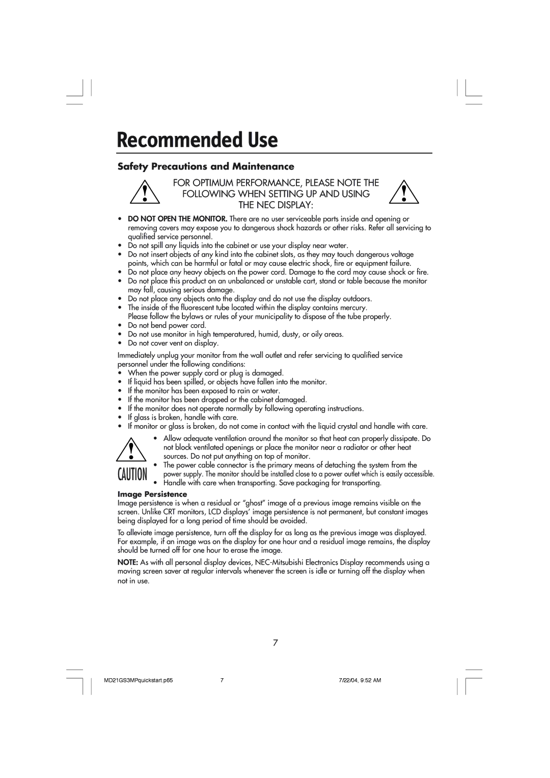 NEC MD21GS-3MP manual Recommended Use, Image Persistence 