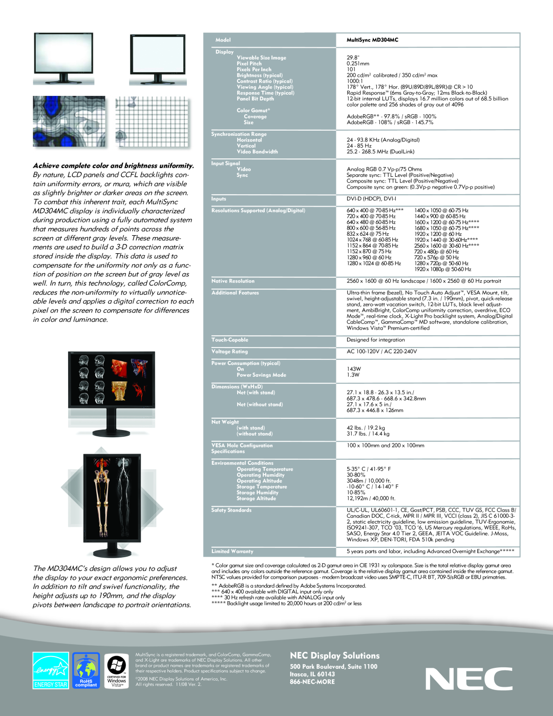 NEC MD304MC manual NEC Display Solutions, Park Boulevard, Suite Itasca, IL 866-NEC-MORE 