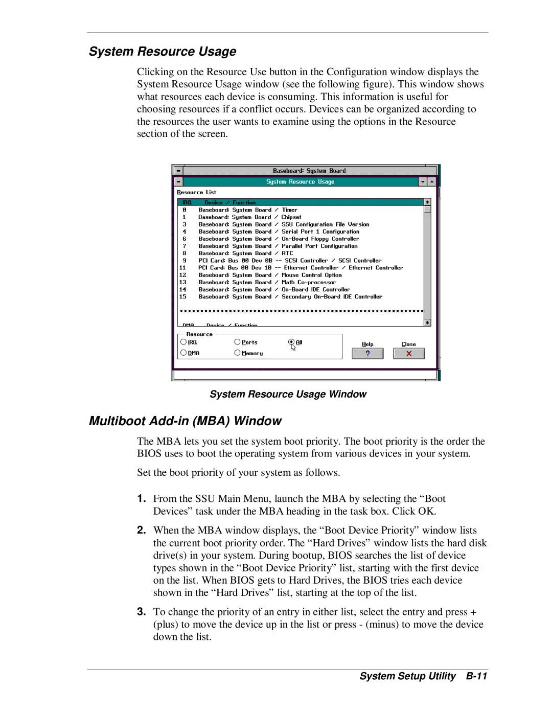 NEC MH4500 manual System Resource Usage, Multiboot Add-inMBA Window 