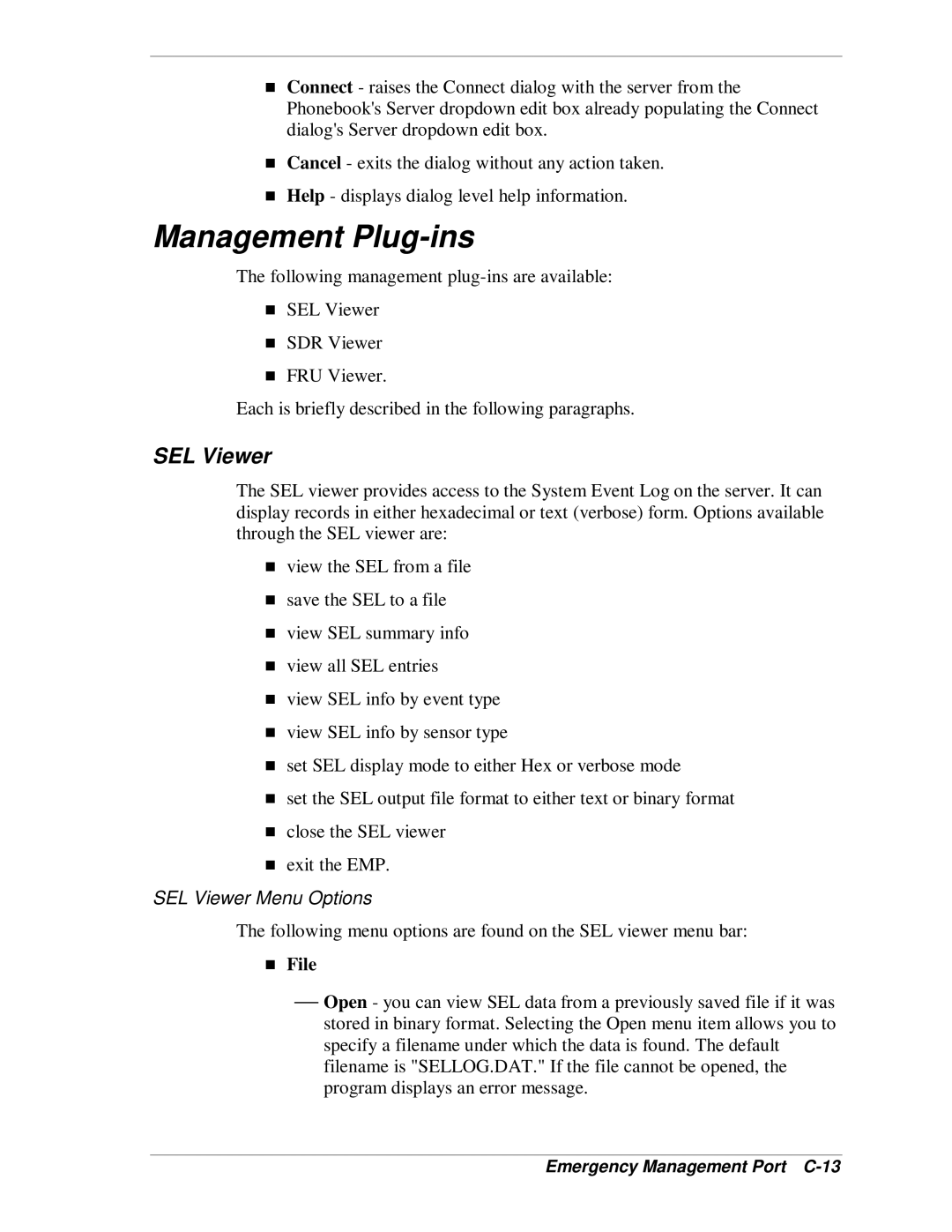 NEC MH4500 manual Management Plug-ins, SEL Viewer Menu Options, File 