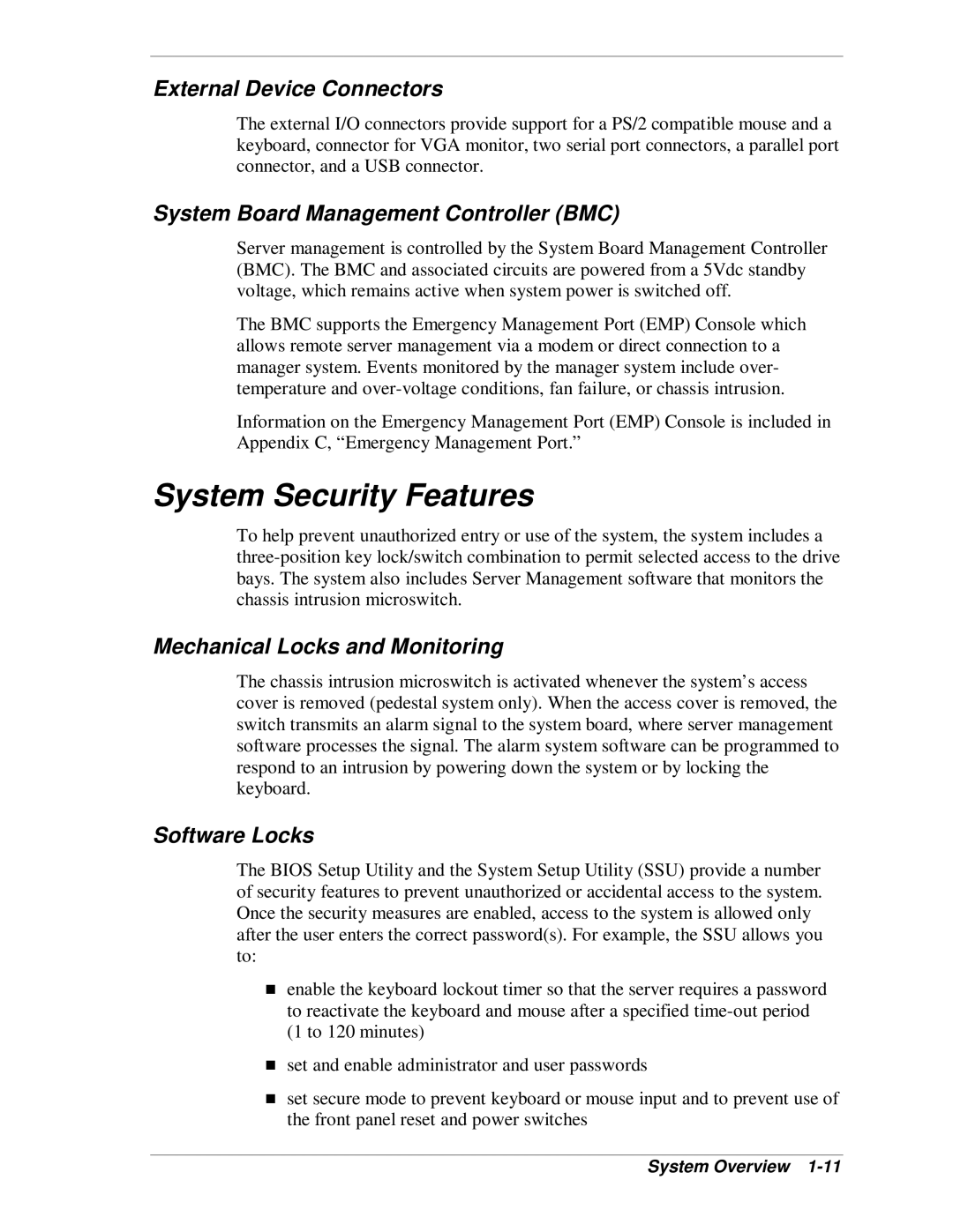NEC MH4500 System Security Features, External Device Connectors, System Board Management Controller BMC, Software Locks 