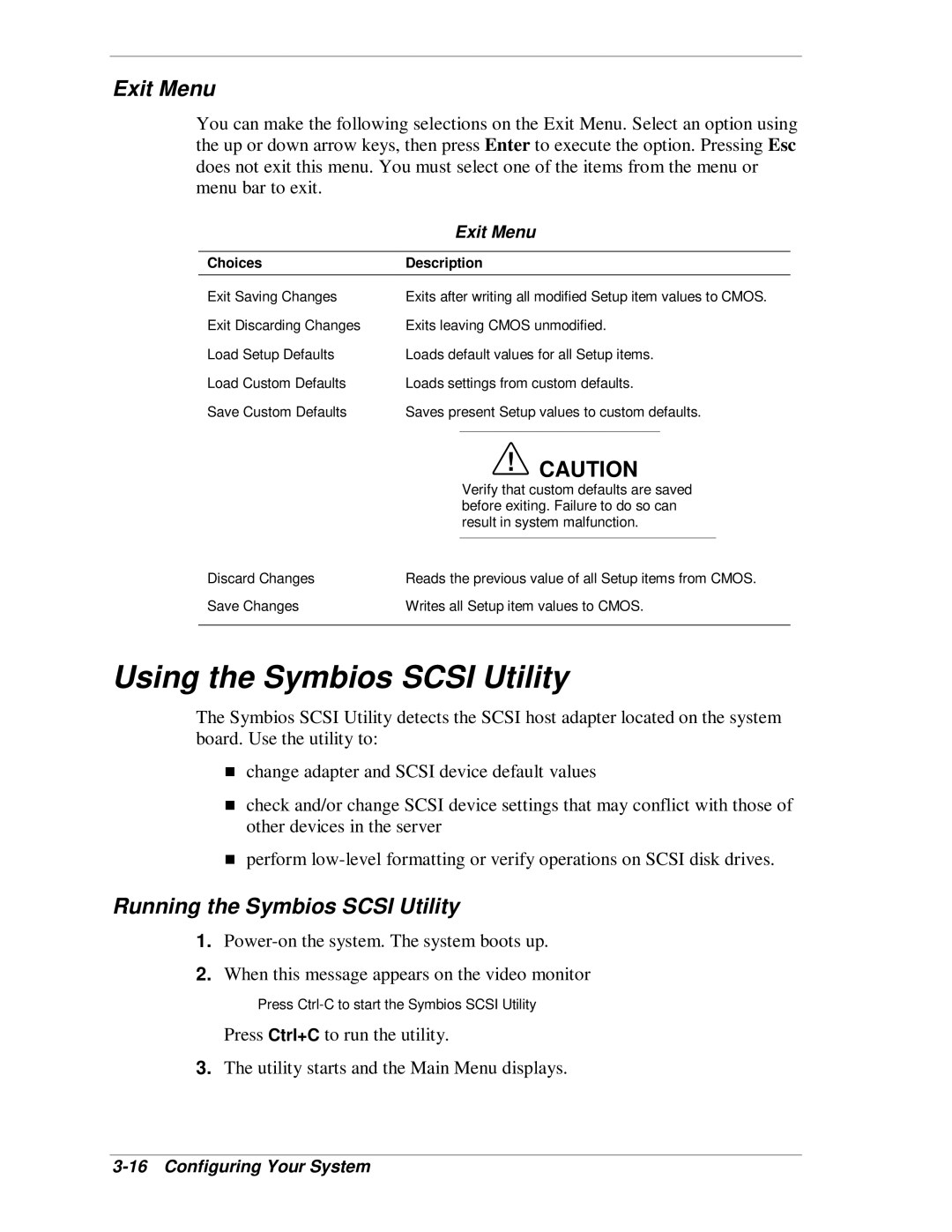 NEC MH4500 manual Using the Symbios SCSI Utility, Exit Menu, Running the Symbios SCSI Utility 
