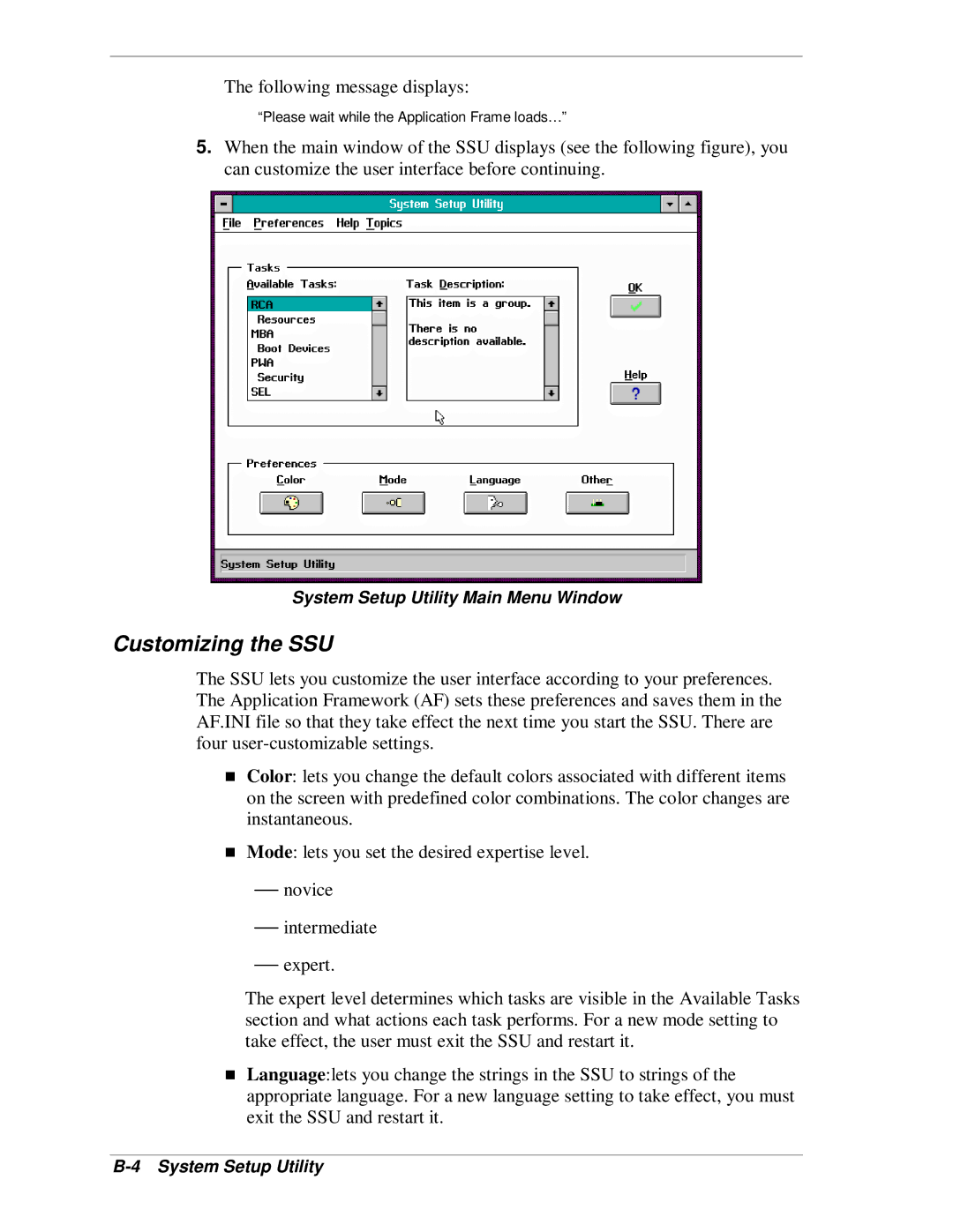 NEC MH4500 manual Customizing the SSU, System Setup Utility Main Menu Window 