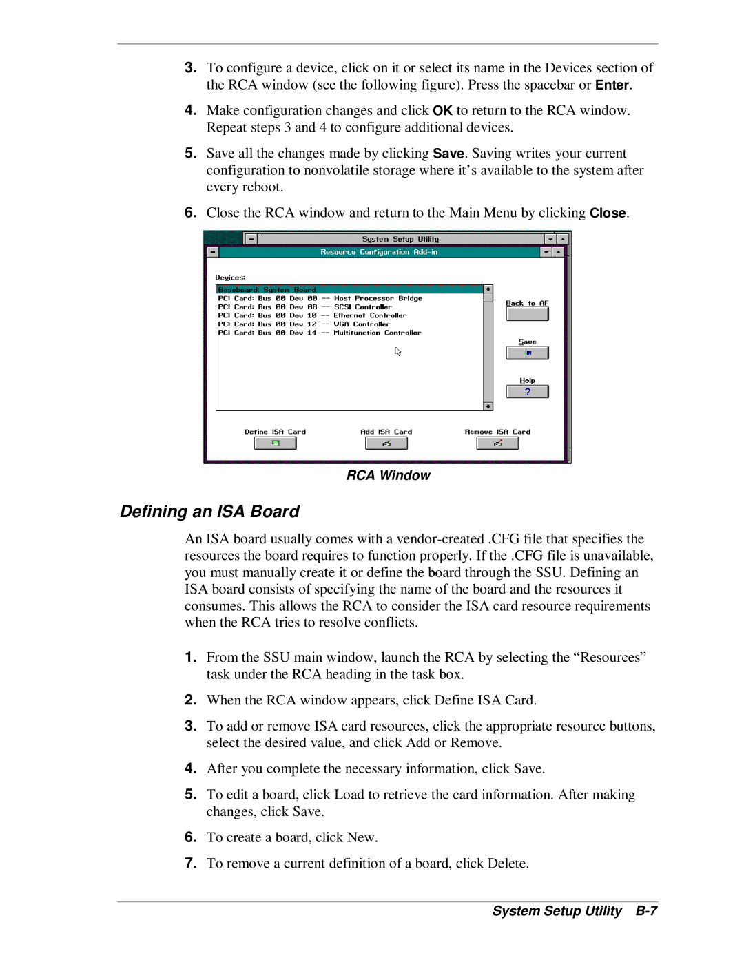 NEC MH4500 manual Defining an ISA Board, RCA Window, System Setup Utility B-7 