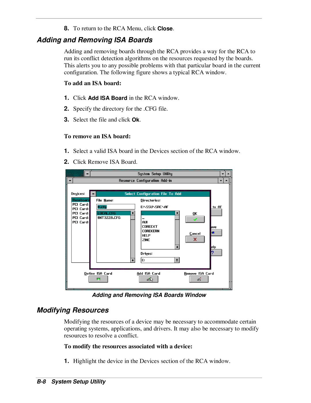 NEC MH4500 manual Modifying Resources, Adding and Removing ISA Boards Window 