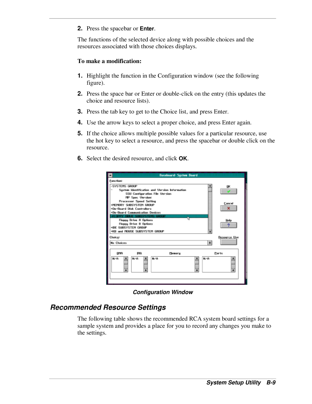 NEC MH4500 manual Recommended Resource Settings, Configuration Window, System Setup Utility B-9 