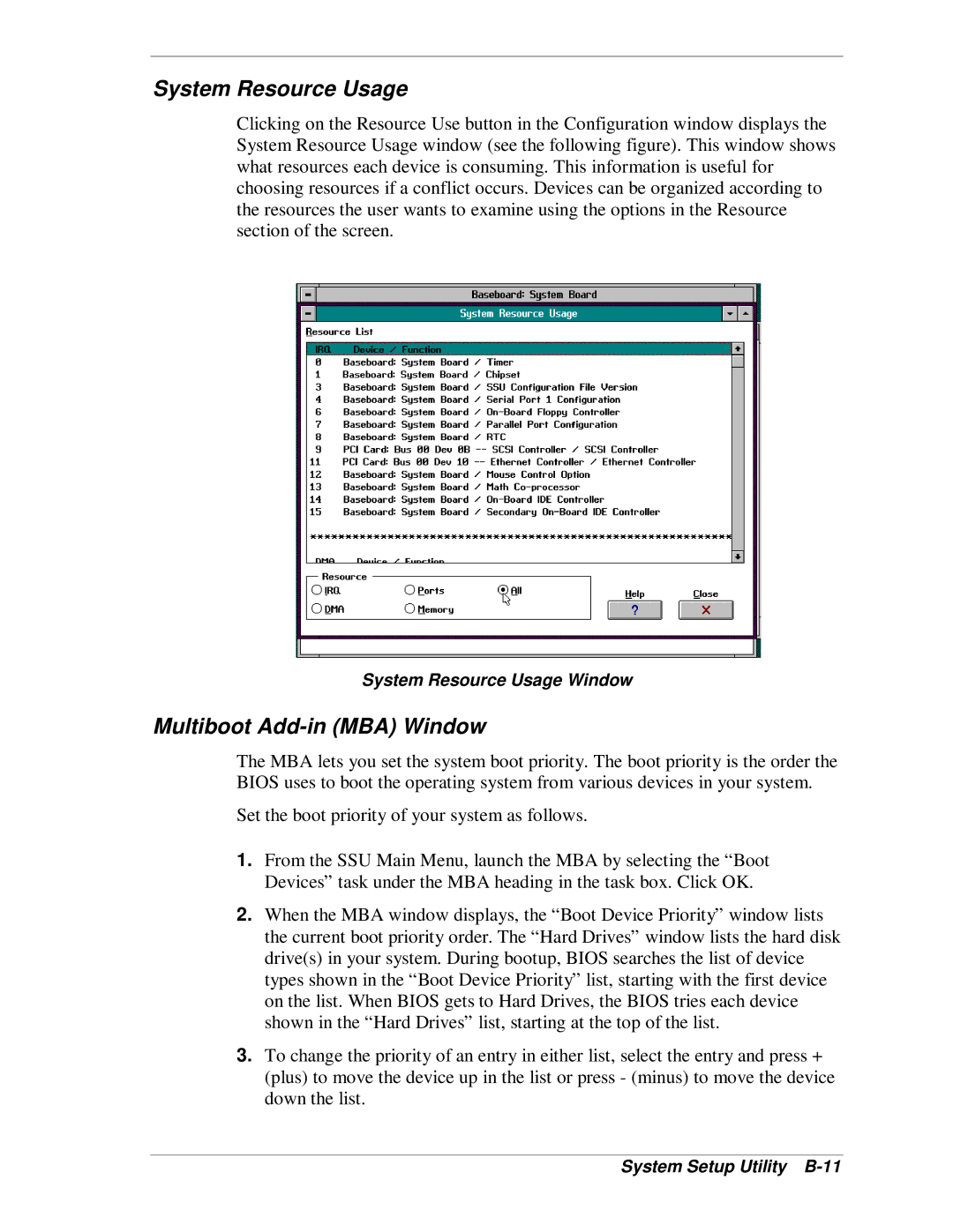 NEC MH4500 manual Multiboot Add-in MBA Window, System Resource Usage Window, System Setup Utility B-11 