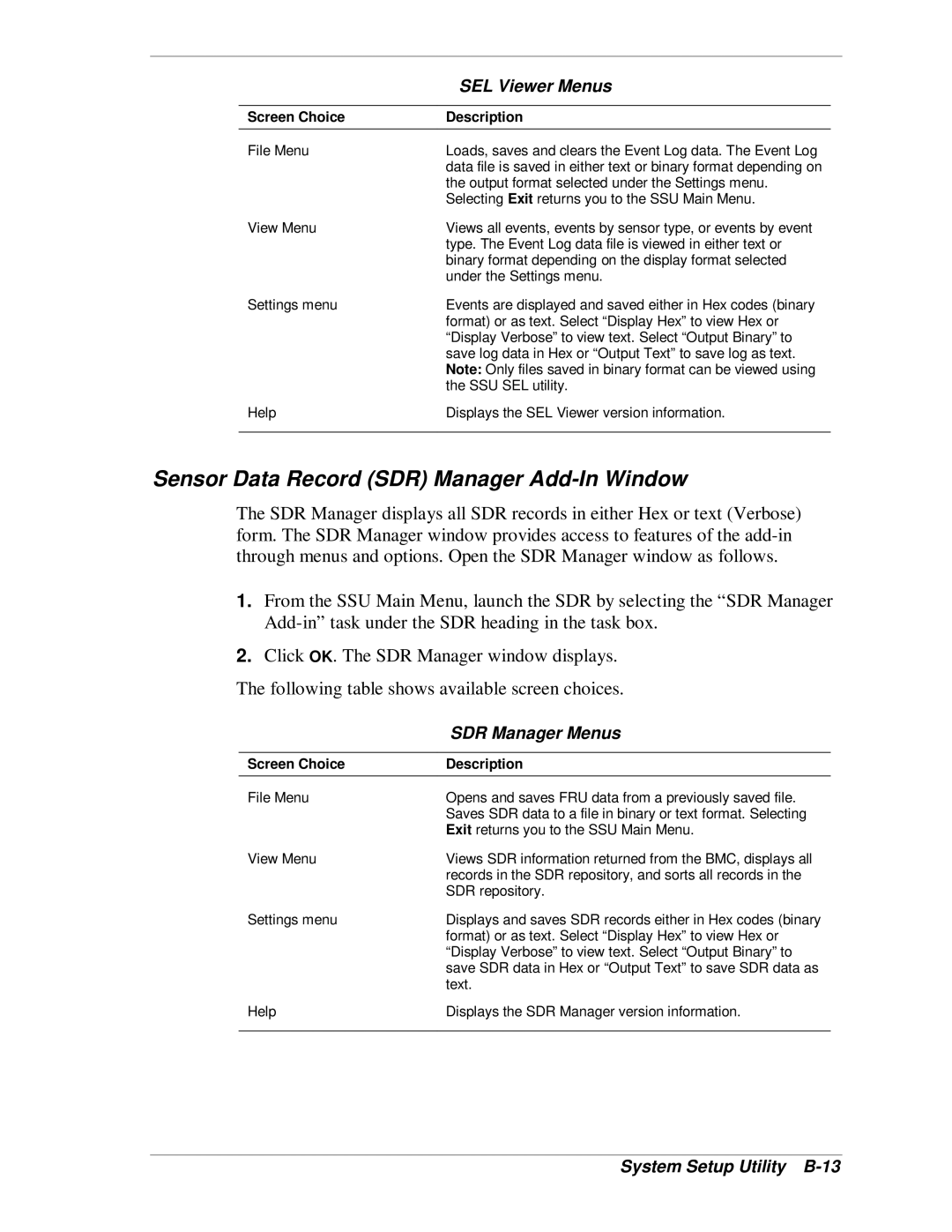 NEC MH4500 Sensor Data Record SDR Manager Add-In Window, SEL Viewer Menus, SDR Manager Menus, System Setup Utility B-13 