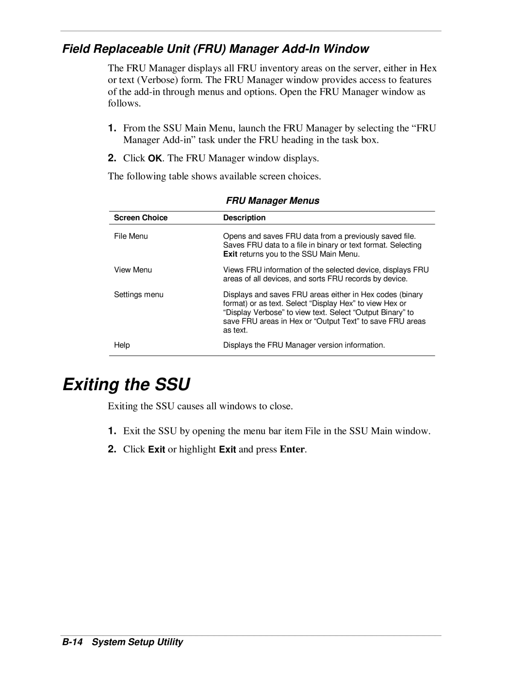 NEC MH4500 manual Exiting the SSU, Field Replaceable Unit FRU Manager Add-In Window, FRU Manager Menus 