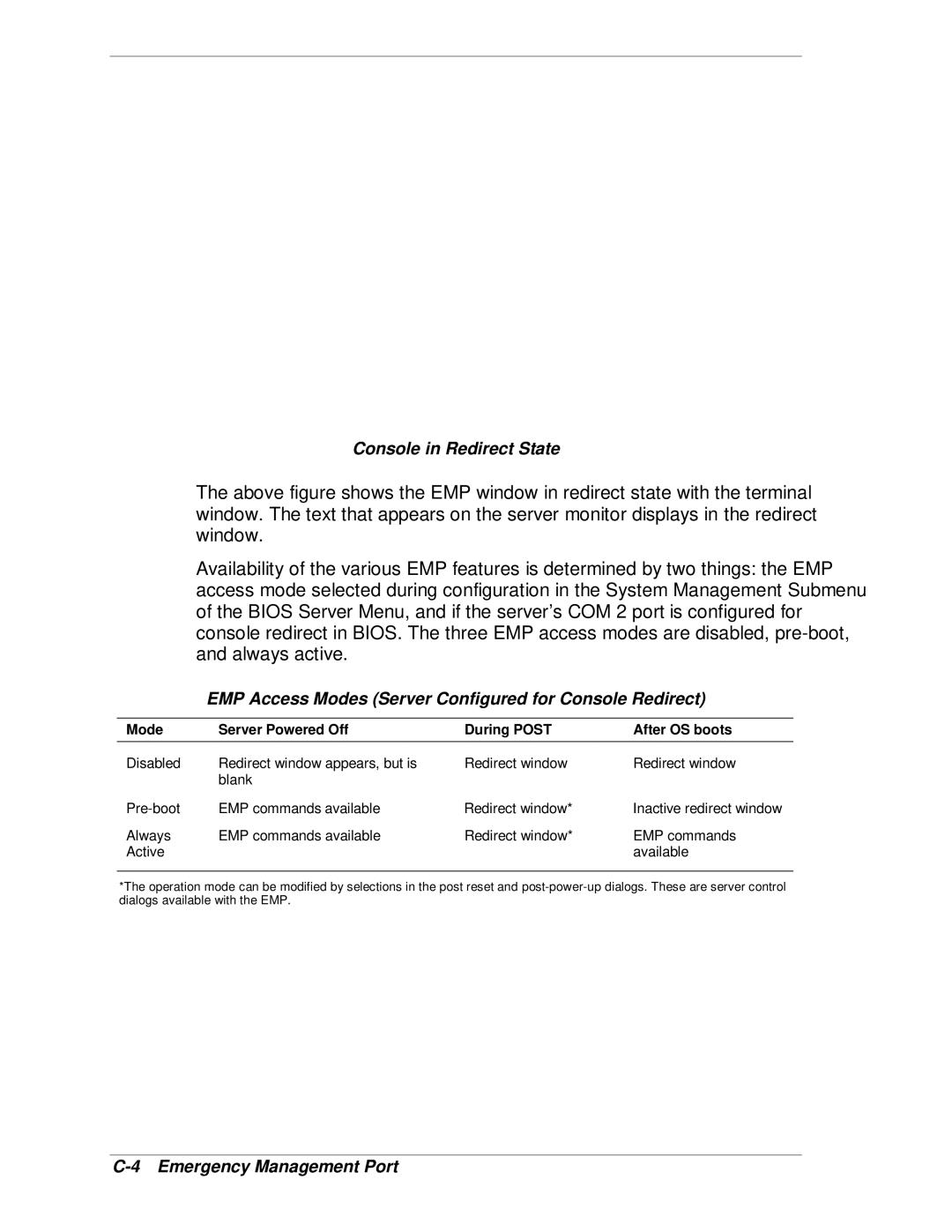 NEC MH4500 manual Console in Redirect State, EMP Access Modes Server Configured for Console Redirect 