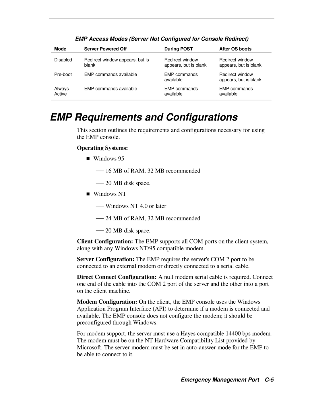 NEC MH4500 manual EMP Requirements and Configurations, EMP Access Modes Server Not Configured for Console Redirect 