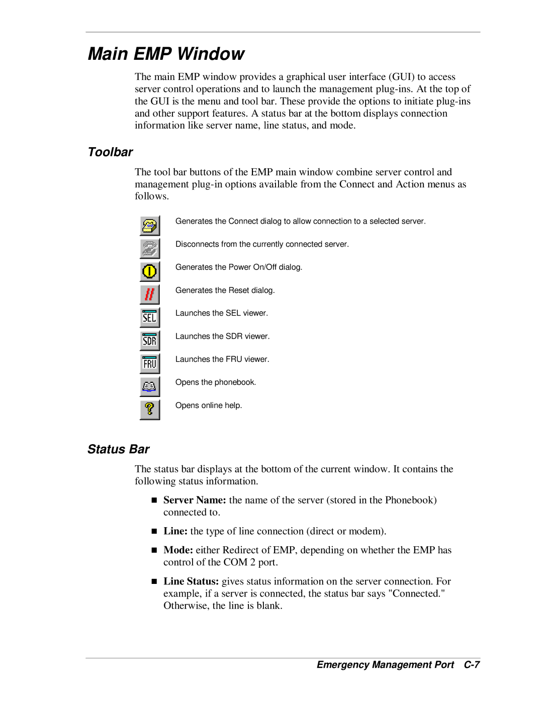 NEC MH4500 manual Main EMP Window, Toolbar, Status Bar, Emergency Management Port C-7 
