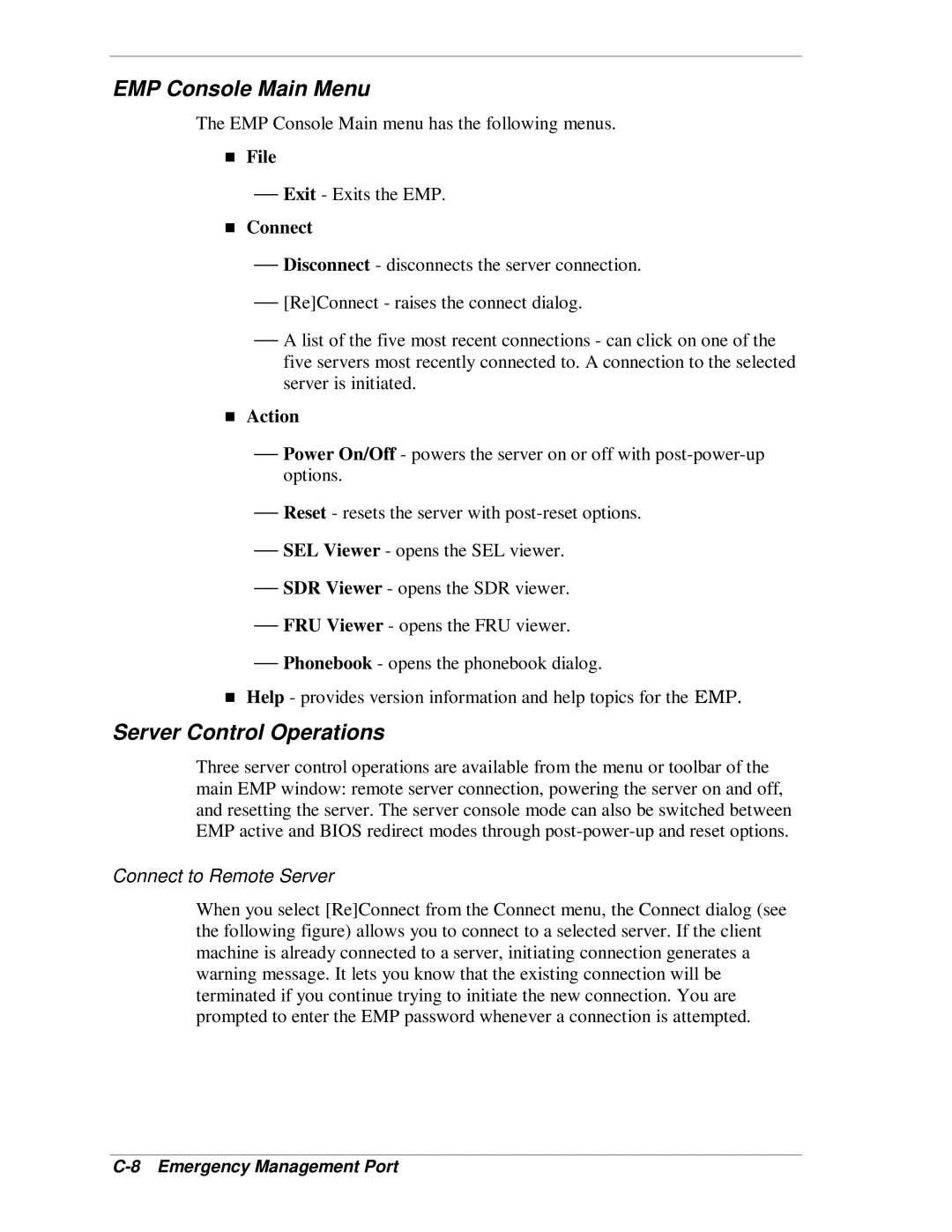 NEC MH4500 manual EMP Console Main Menu, Server Control Operations, Connect to Remote Server 