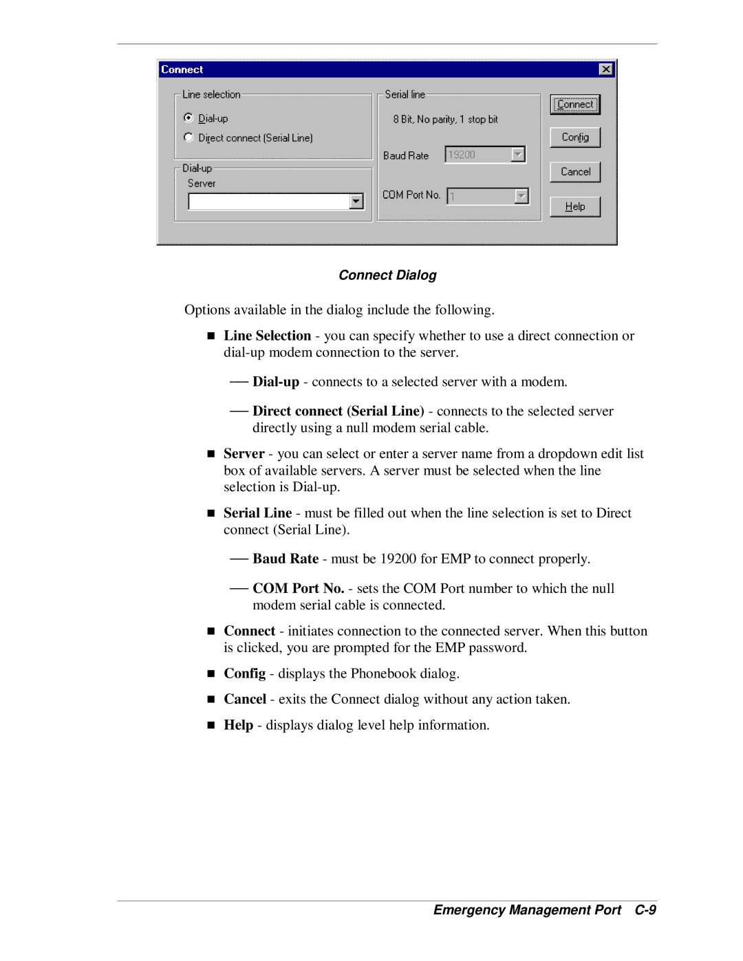 NEC MH4500 manual Connect Dialog, Emergency Management Port C-9 