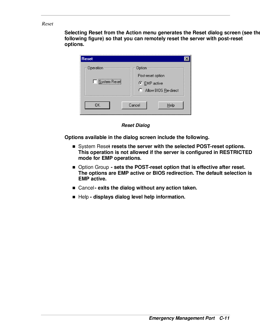 NEC MH4500 manual Reset Dialog, Emergency Management Port C-11 