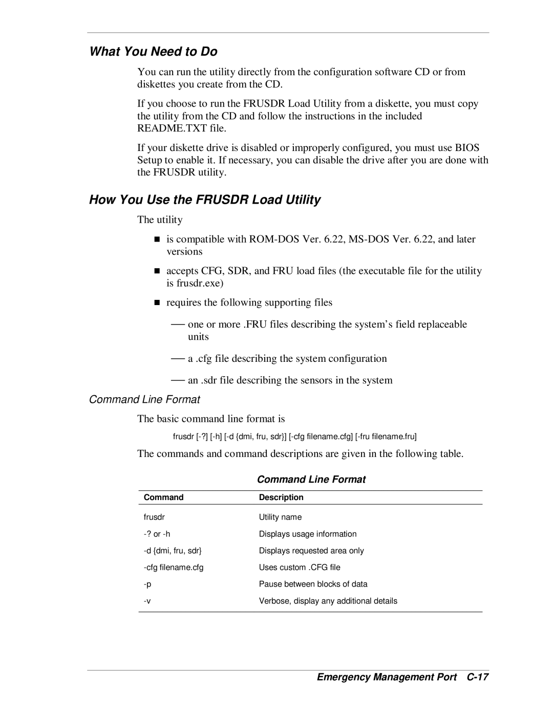 NEC MH4500 What You Need to Do, How You Use the Frusdr Load Utility, Command Line Format, Emergency Management Port C-17 