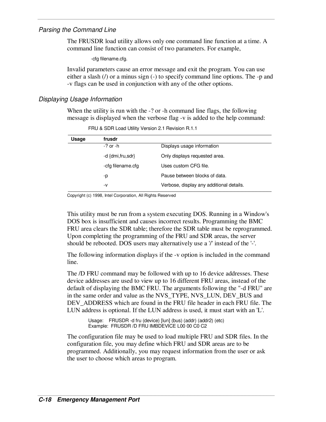 NEC MH4500 manual Parsing the Command Line, Displaying Usage Information, Usage Frusdr 