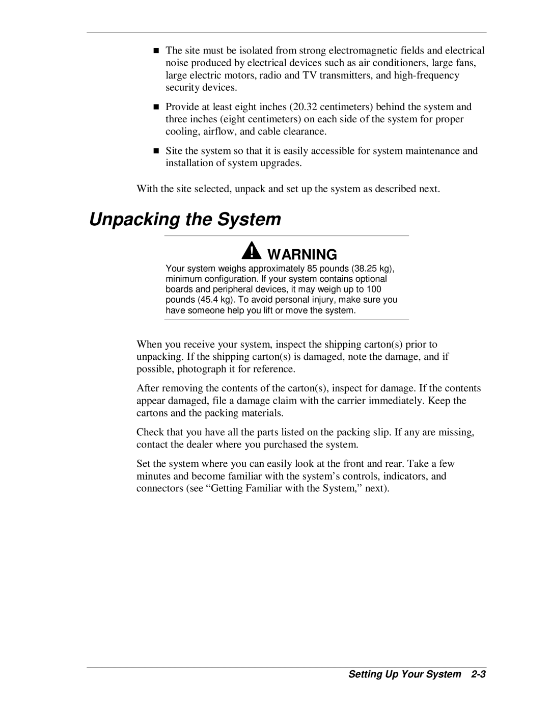 NEC MH4500 manual Unpacking the System 