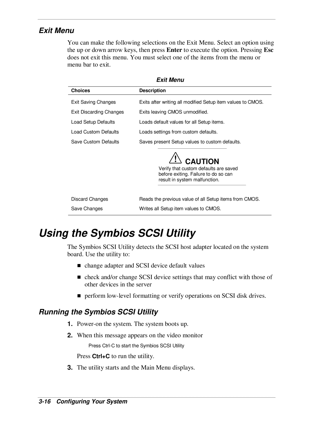 NEC MH4500 manual Using the Symbios Scsi Utility, Exit Menu, Running the Symbios Scsi Utility, Choices Description 