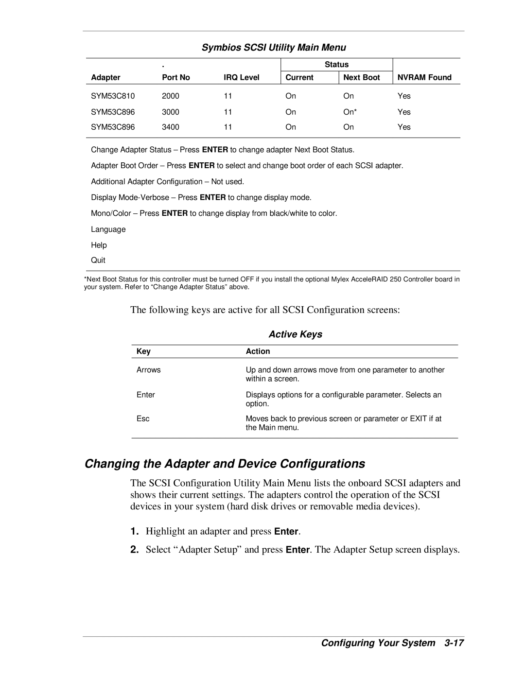NEC MH4500 manual Changing the Adapter and Device Configurations, Symbios Scsi Utility Main Menu, Active Keys, Key Action 