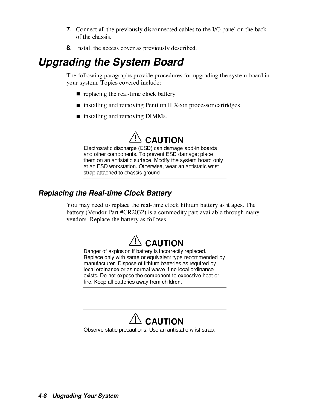 NEC MH4500 manual Upgrading the System Board, Replacing the Real-time Clock Battery 