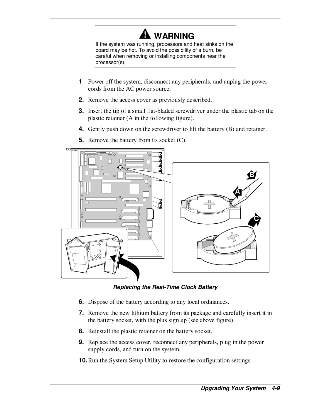 NEC MH4500 manual Replacing the Real-Time Clock Battery 