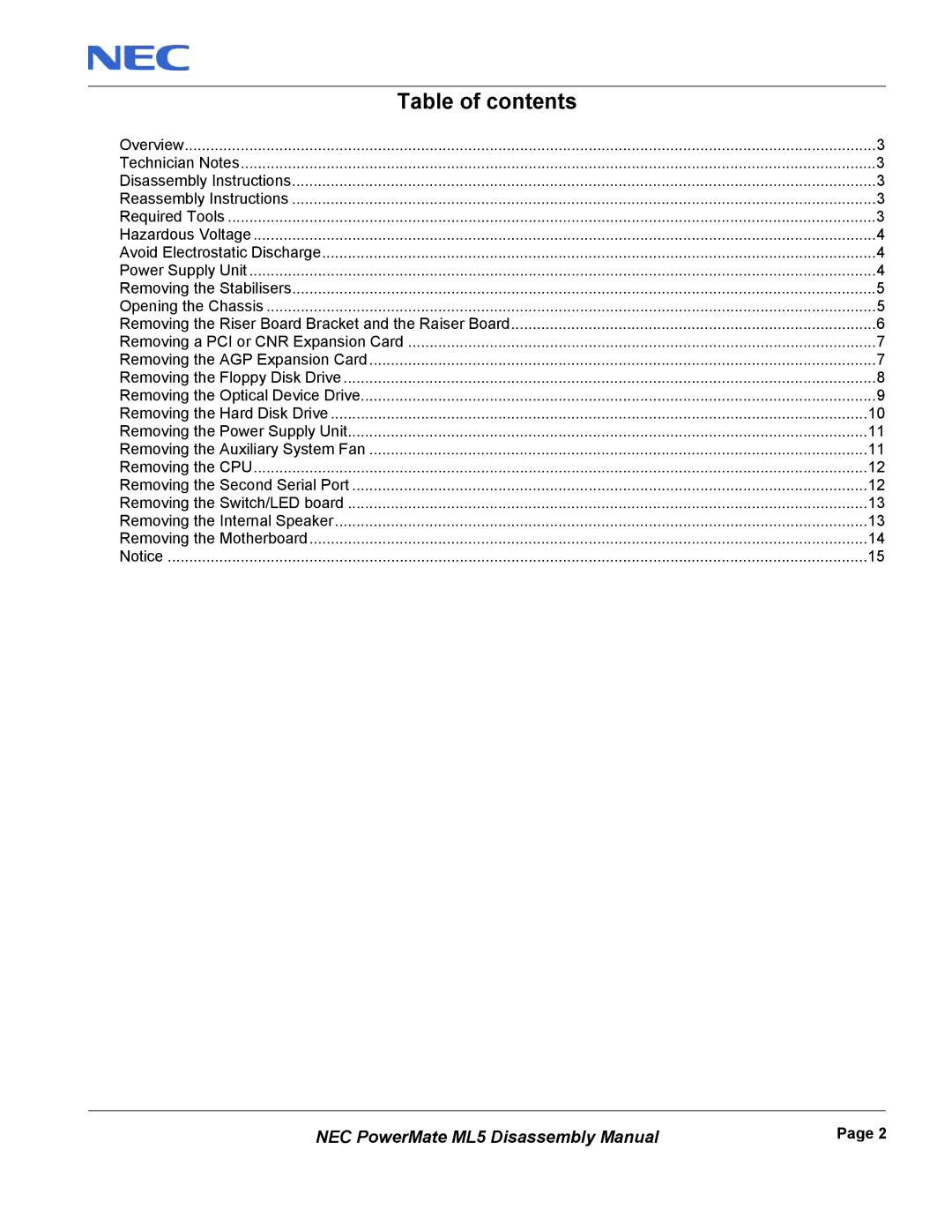 NEC mL5 manual Table of contents 