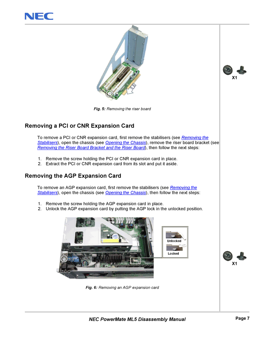 NEC mL5 manual Removing a PCI or CNR Expansion Card, Removing the AGP Expansion Card 