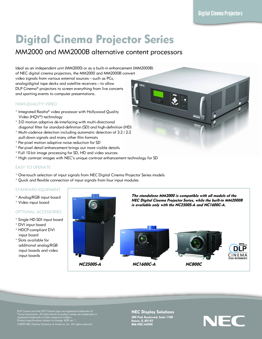 NEC specifications Digital Cinema Projector Series, MM2000 and MM2000B alternative content processors, NC2500S-A 