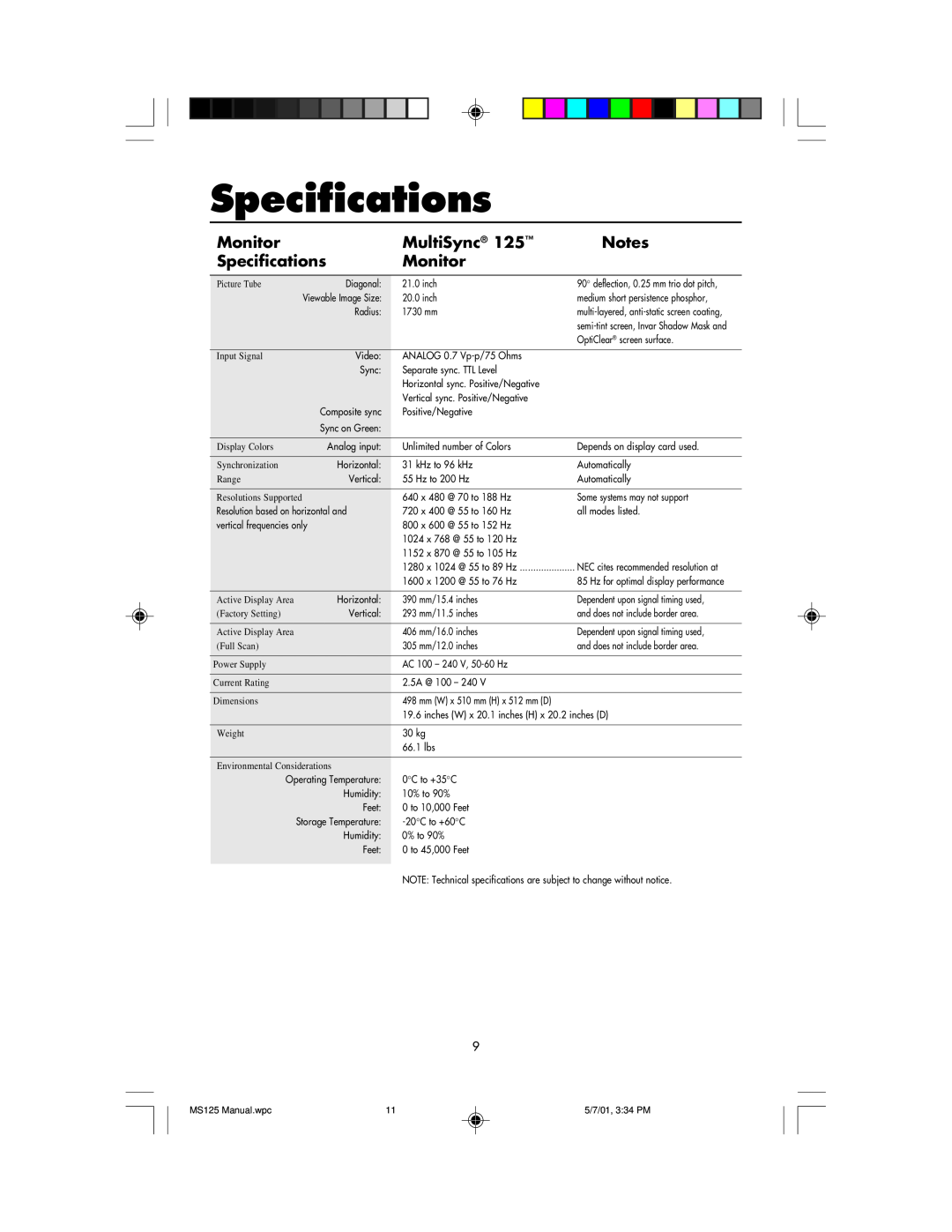NEC MS125 manual Specifications, Monitor, MultiSync 